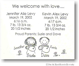 Pen At Hand Stick Figures - Birth Announcements - Twins Held (b/w)